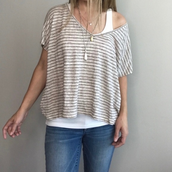 Michael Stars Linen Stripe High Low Top Boho Beachy Slouchy Lightweight Medium - Picture 1 of 8